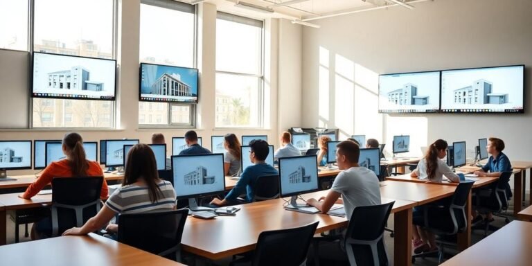 Students learning Revit Architecture in a modern classroom.