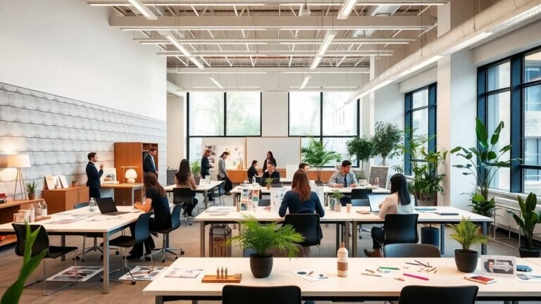 Interior design students working in bright modern classroom